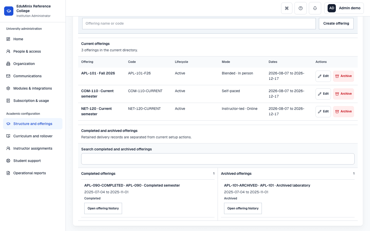 EduMinix Institution Administrator offering history showing completed and archived fictional delivery records retained outside current setup choices.