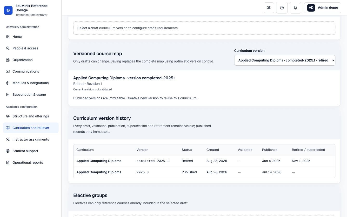 EduMinix Institution Administrator curriculum and rollover view showing governed curriculum records for the fictional academic estate.