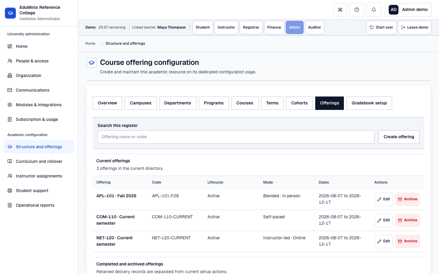 EduMinix Institution Administrator offering configuration showing current dated delivery records separated from catalog courses.
