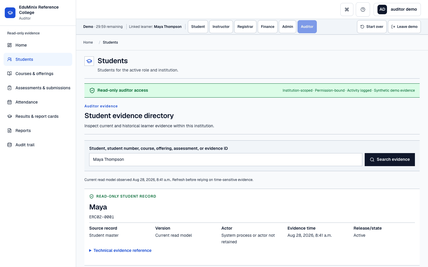 EduMinix Auditor student record showing Maya Thompson’s enrolment, course, result, hold, and evidence timeline in a read-only institution scope.
