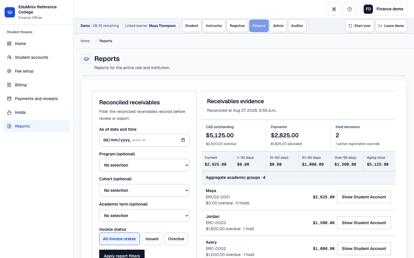 EduMinix receivables report showing reconciled totals, aging buckets, and prioritized student accounts.