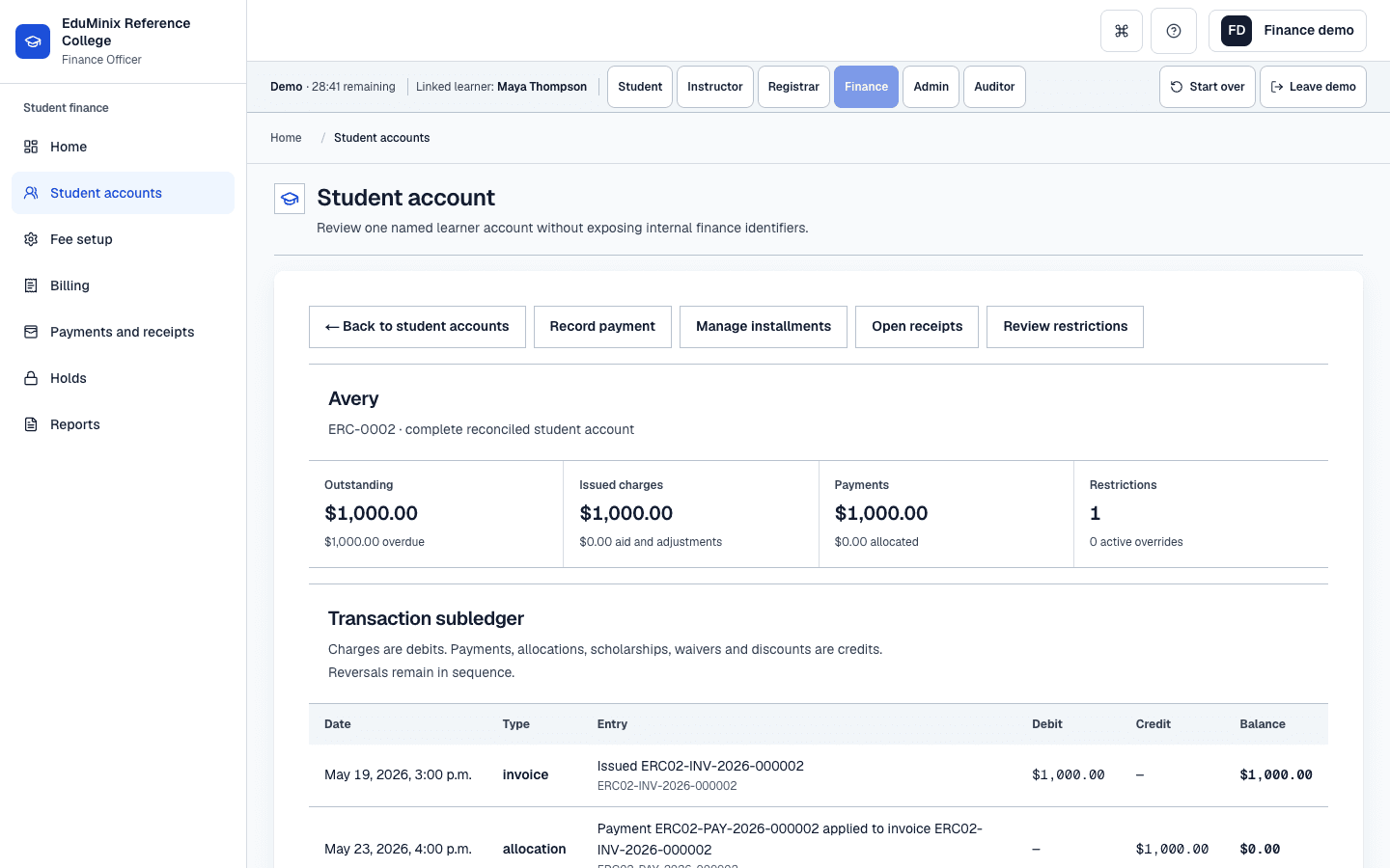 EduMinix finance student account showing outstanding balance, issued charges, payments, restrictions, and transaction subledger.