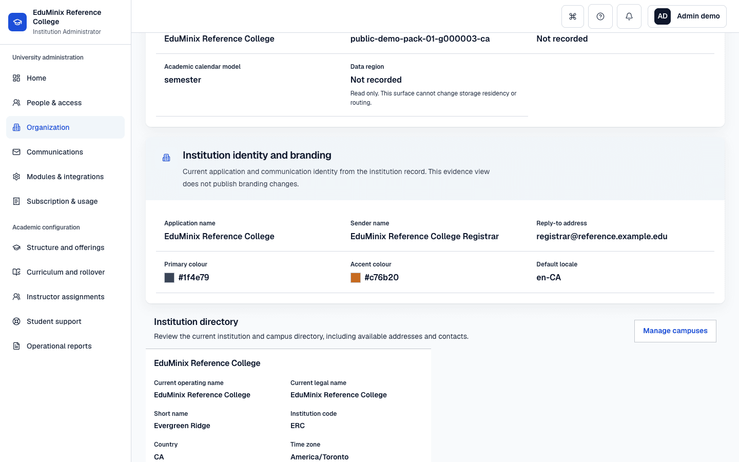 EduMinix Institution Administrator Organization view showing persisted application, sender, reply-to, locale, and brand colour evidence.