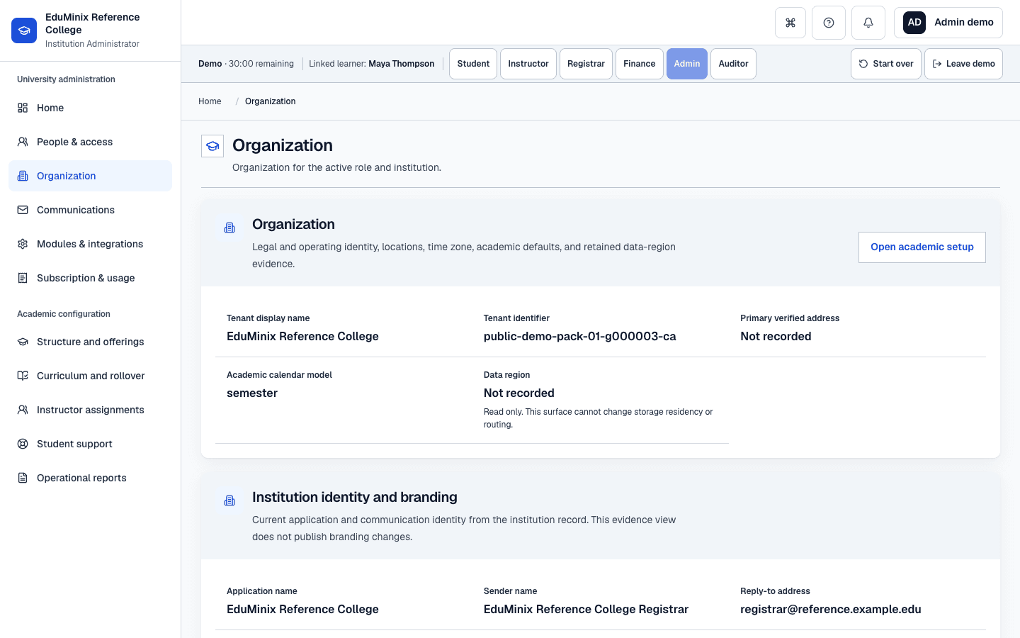 EduMinix Institution Administrator Organization view showing the fictional institution identity, regional settings, and campus directory.