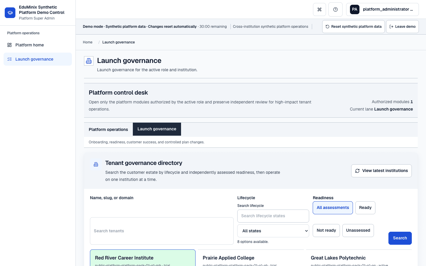 EduMinix Platform Administrator launch-governance directory showing four fictional institutions with distinct lifecycle and readiness states.