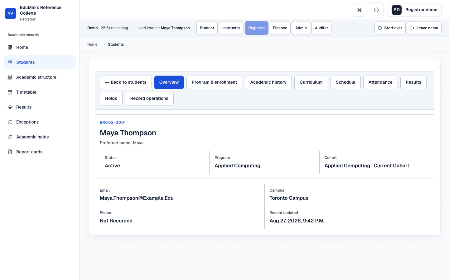 EduMinix registrar student record showing Maya Thompson’s profile and navigation to eight dedicated record sections.