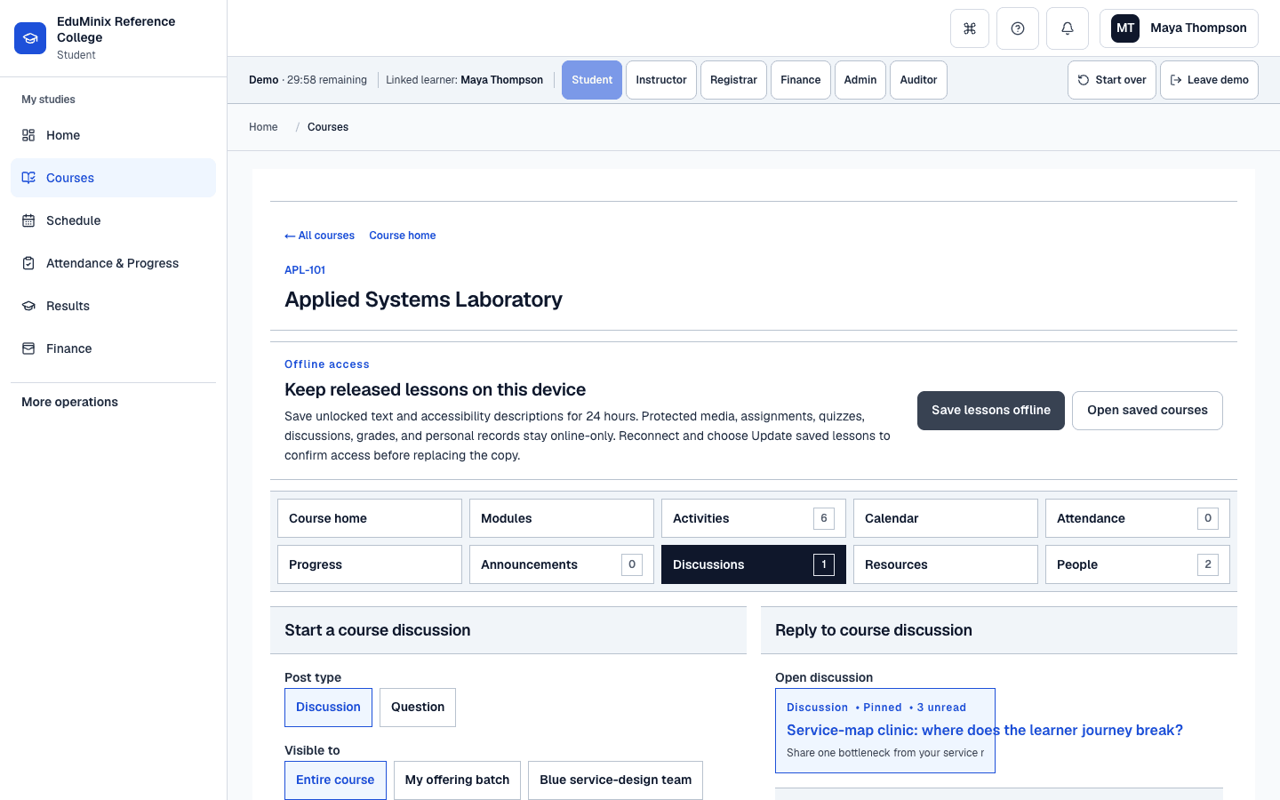 EduMinix Student course discussion showing a pinned service-map thread with three unread replies in an accessible course workspace.