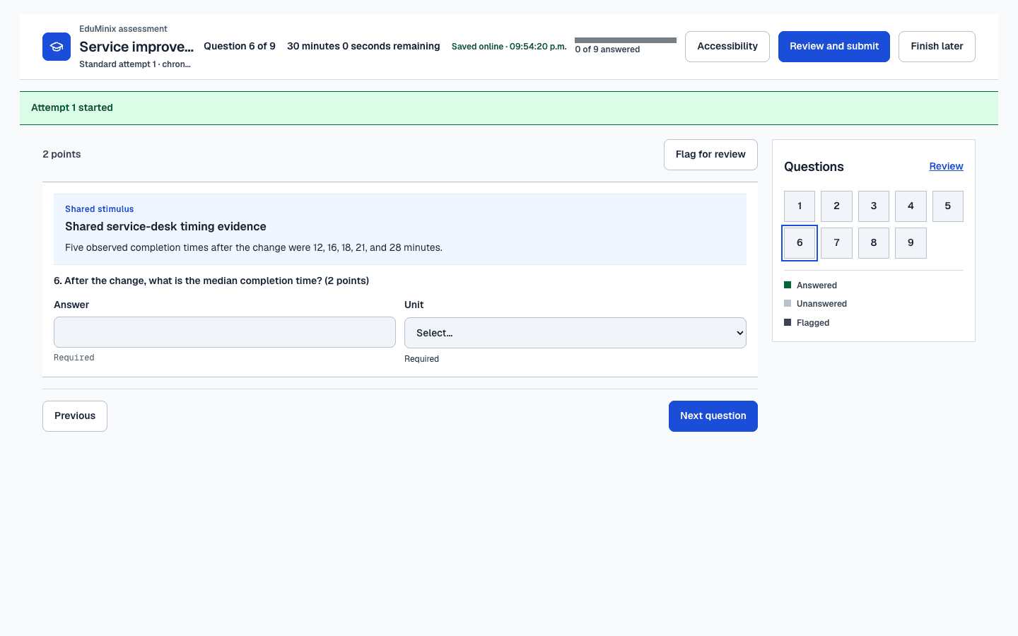 EduMinix focused quiz attempt showing question six, a shared stimulus, answer fields, autosave status, and question navigation.